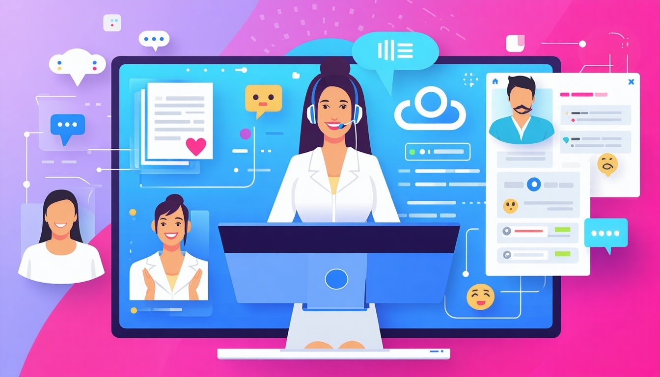 Create an image depicting support operations with Service Hub Excellence efficient ticketing proactive automation calling messaging and chating to resolve issues and feedback loops for faster resolutions Also show happy clients with 100 satisfaction