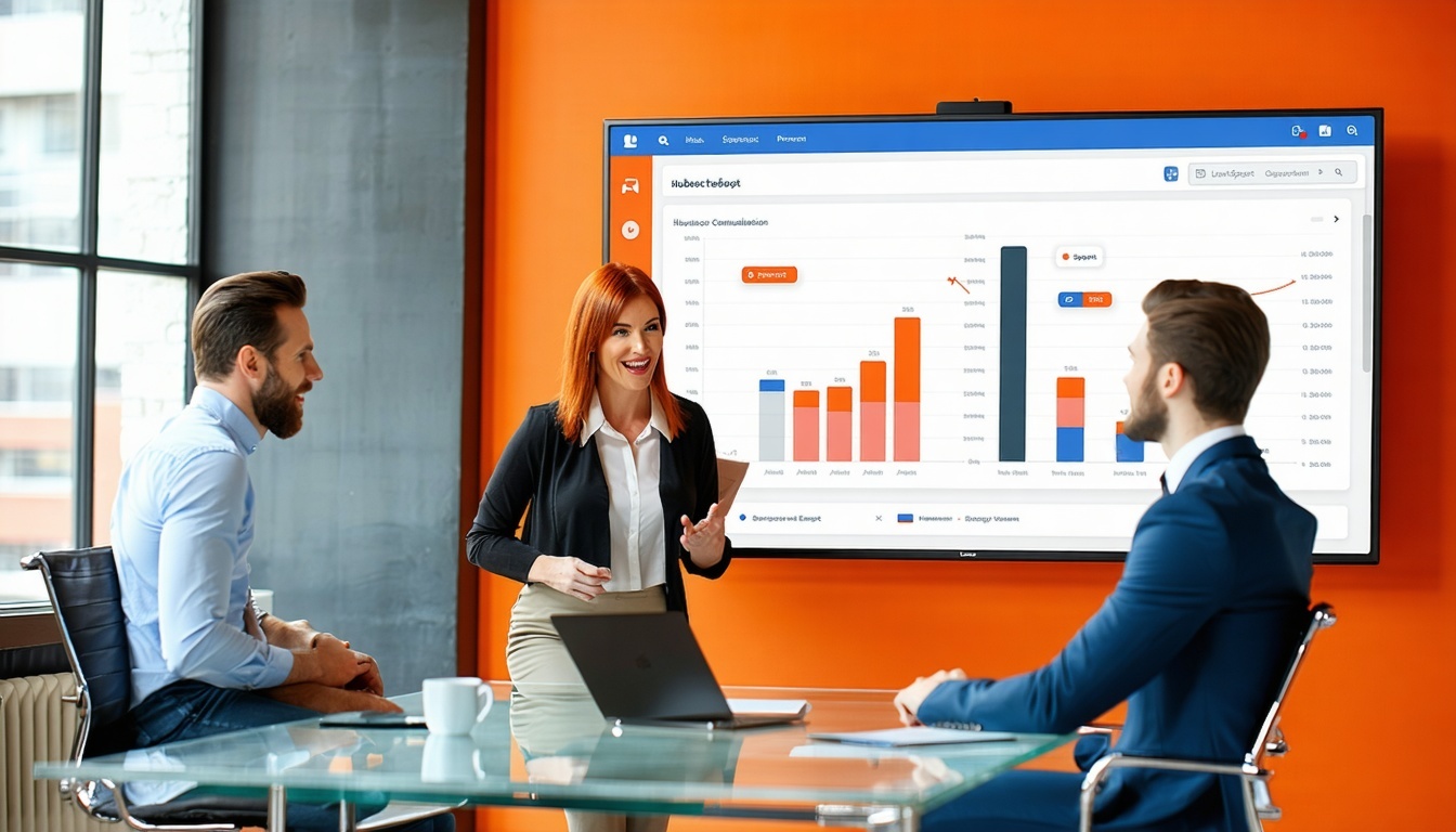 a picture depecting HubSpot Strategy Consultation being done by the Hubspot expert and the client is perceving how he can increase his revenue and get an advantage over his competitors include characters-1