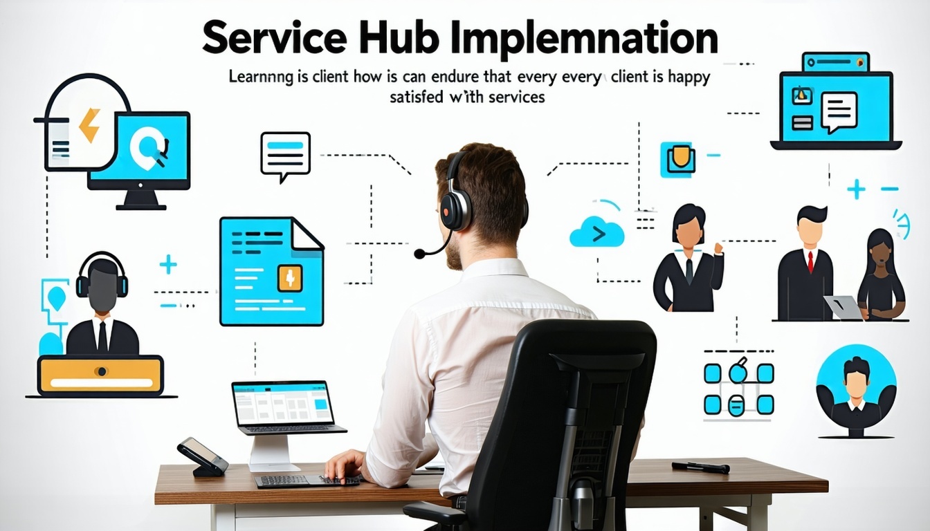 a picture depecting Service Hub Implementation where the client is learning how he can ensure that his every client is happy and satisfied with the services show some client servicing tools like a headset phone and selfservicing facilities and no tex-1